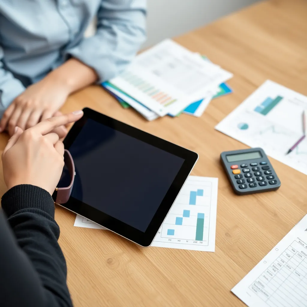 Persoon die budgetplanning doet met tablet en papieren