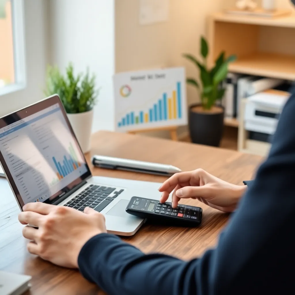Een persoon die bezig is met budgetplanning op een bureau met een laptop en financiële documenten