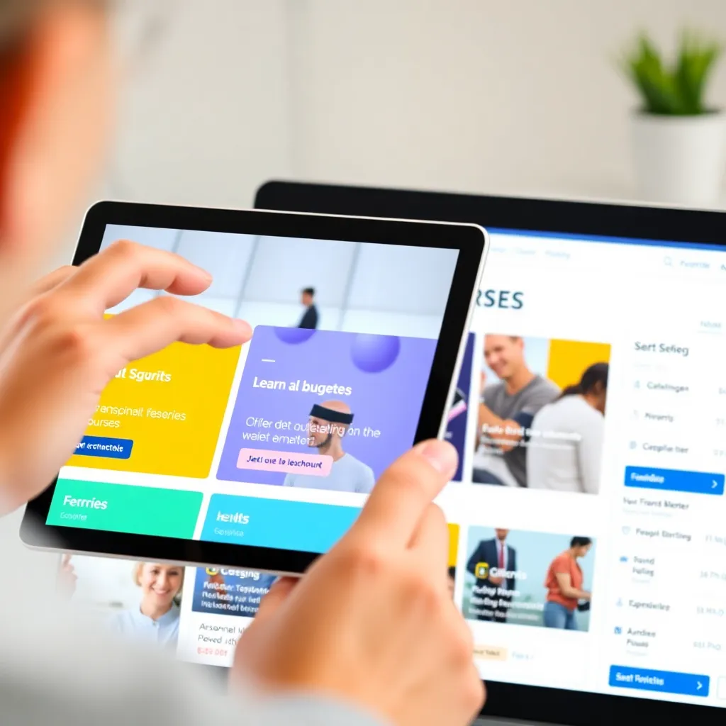 Persoon die verschillende cursusopties bekijkt op een tablet