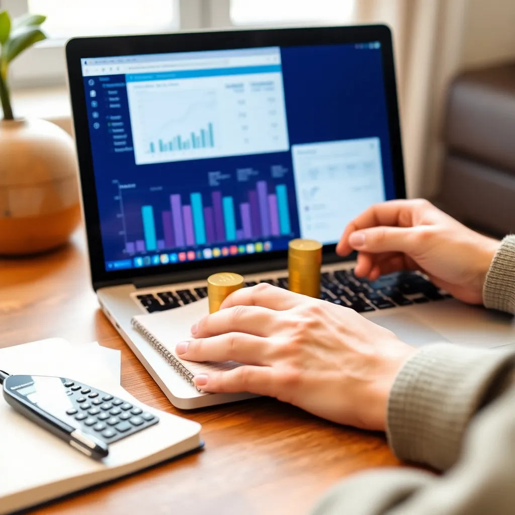 Persoon die financiële besparingen bijhoudt op laptop met notities